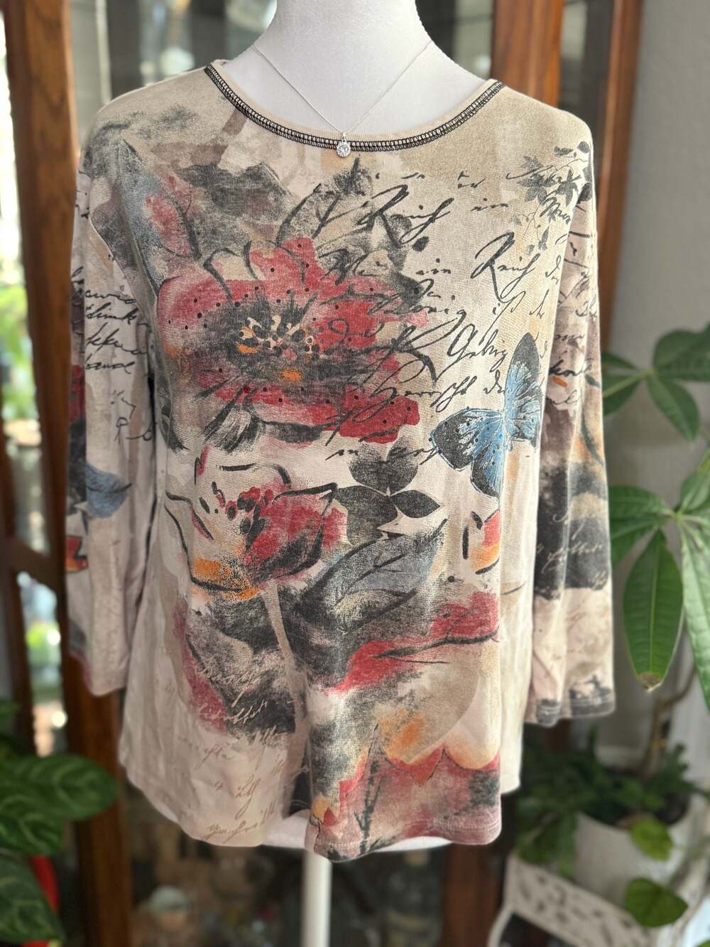 y2k Jess & Jane Floral Butterfly Script Print 3/4 Sleeve Tunic Top